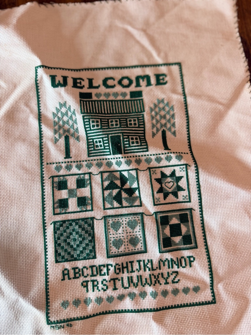 Welcome Green Cross-Stitch Sampler Tea Towel